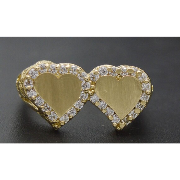 Real 10K Solid Yellow Gold Double Heart CZ ID Ring Engravable 3.3gr All Sizes - Picture 1 of 8